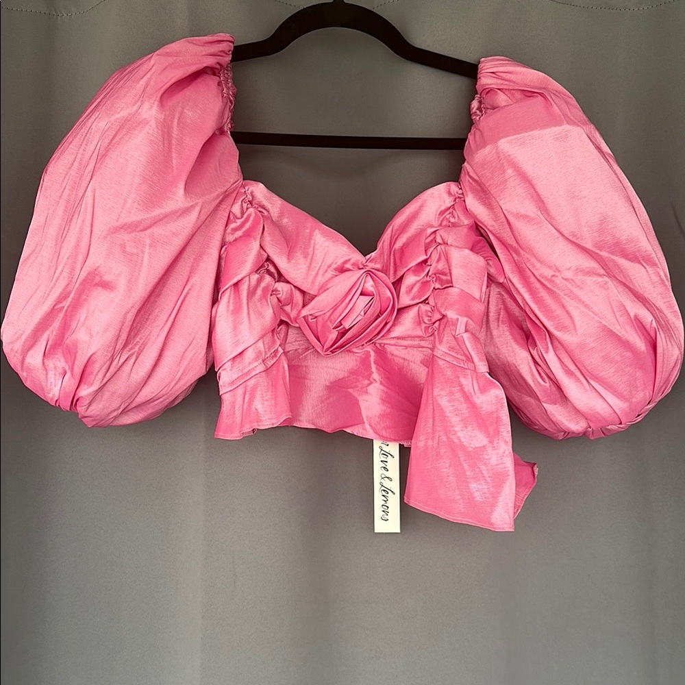 For Love and Lemons Judith Pink Puff Sleeve Crop Top-Size Large - Picture 3 of 11